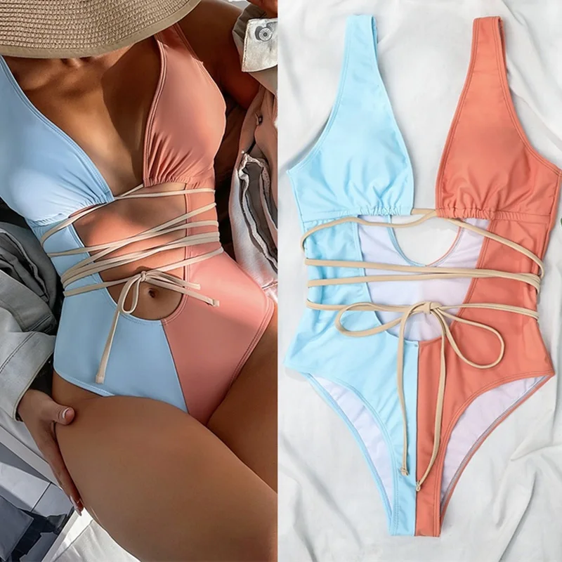Rings Diary Western Style Color Matching The Waist Hollow Out Women's Swimsuit Strappy Conjoined Backless Sexy Bikini Swimwear