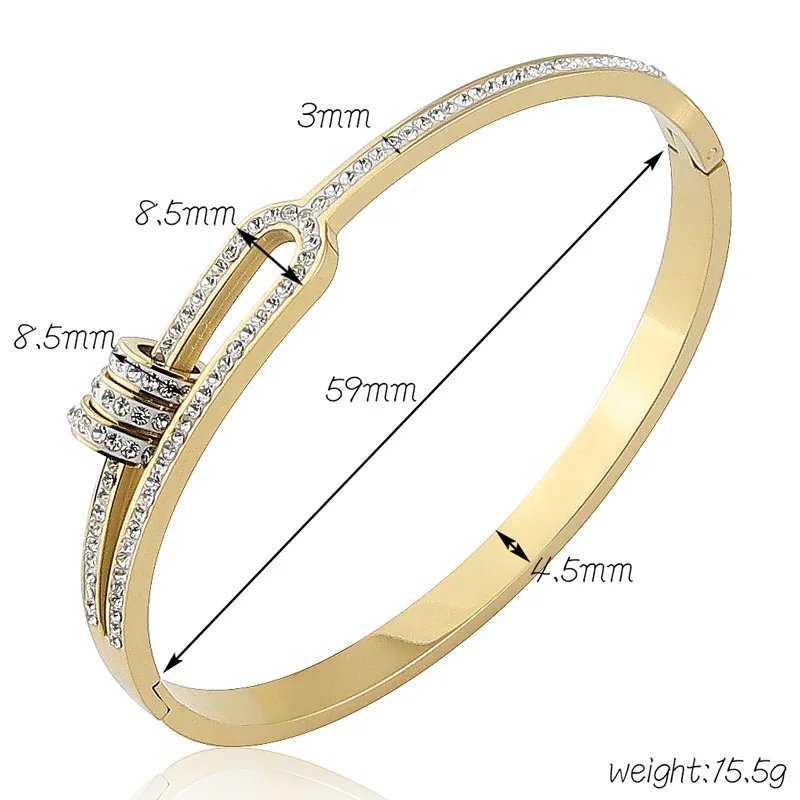 Stainless Steel Three Circles Crystal Bangle Bracelet Half Hollow Design For Women's Love Gifts