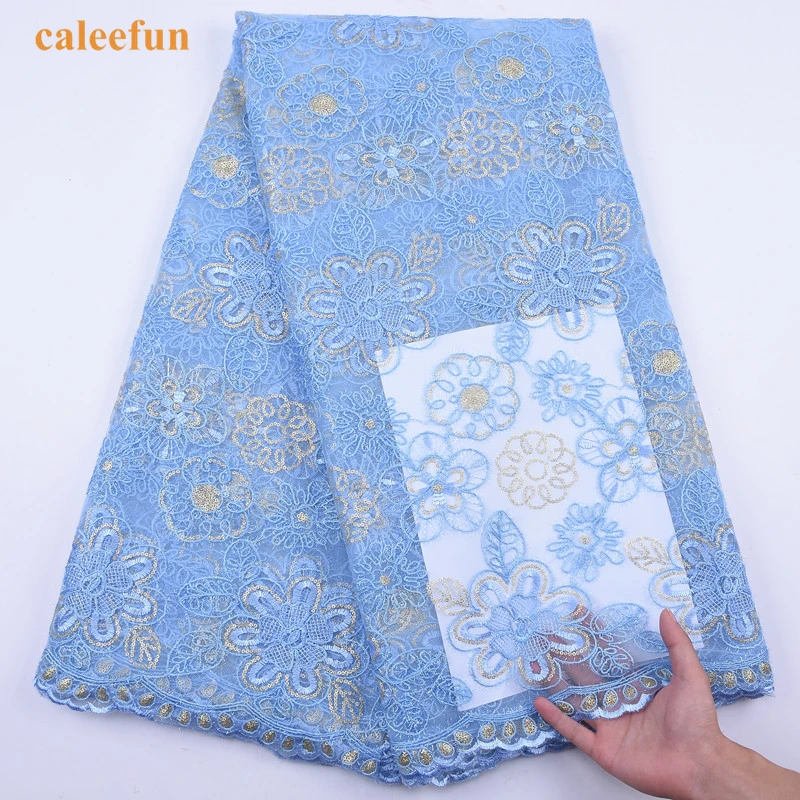 

Nigerian Laces Fabrics High Quality Gold Line French Mesh Tulle Laces Fabric Sky Blue African Laces Fabric For Dress Y2060
