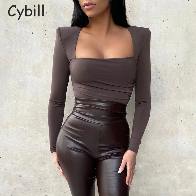 cut out bodysuit Cybill Square Collar Long Sleeve Bodysuit Women Autumn Winter Sexy Bodysuit Ruched Padded Body Female For Woman 2020 Top lingerie bodysuit