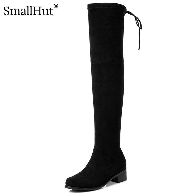 

Over the Knee High Boots New Round Toe Stretch Fabric Square heel Narrow Band Women Autumn Ladies E165 Woman Black Khaki Shoes