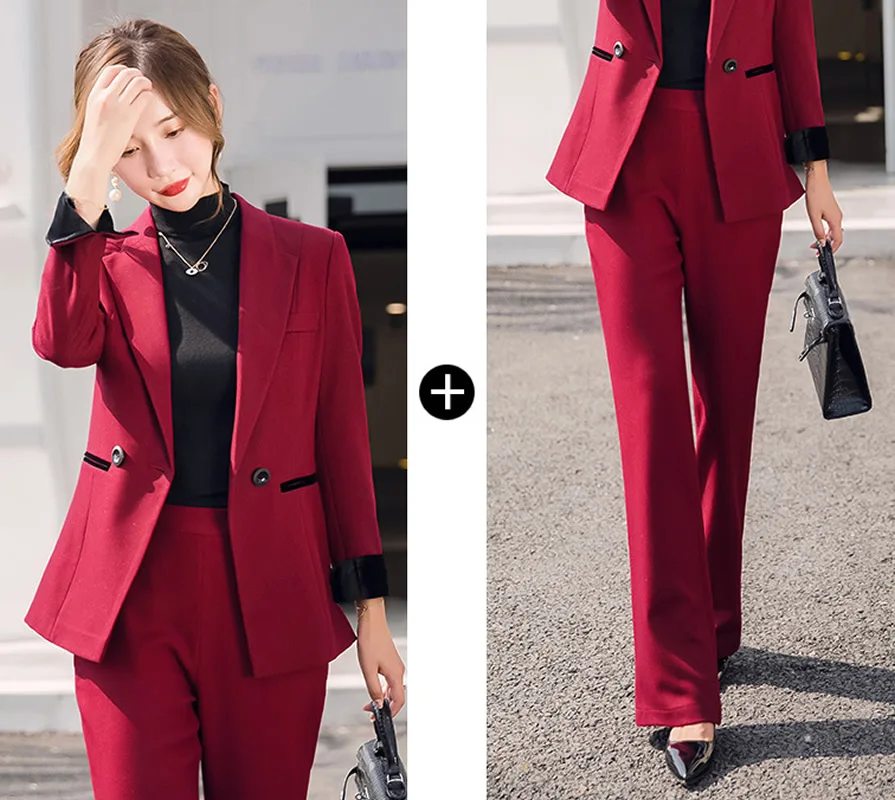 a top and trousers Женский костюм размера плюс, красный Повседневный блейзер с высокой талией, брючный женский офисный жакет, брючный костюм, женский черный OL, комплект из 2 предметов, женский брючный костюм - Цвет: a top and trousers