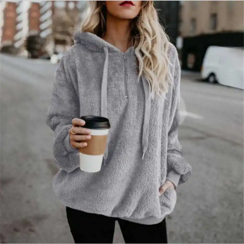 Light Gray Новая Женская толстовка с капюшоном плюшевый Карманный Свободный размера плюс осенний Толстый Пуловер - Цвет: Light Gray