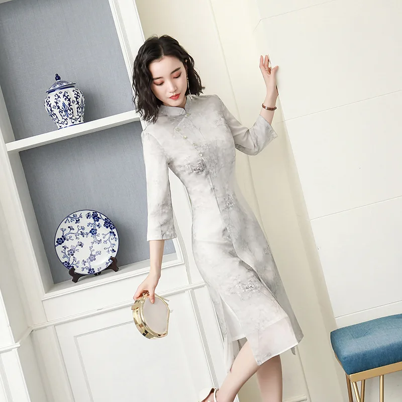 Белое летнее платье в китайском стиле, винтажное женское Короткое платье Qipao, классическое сценическое шоу, элегантное женское платье-Ципао, размер M-XXXL