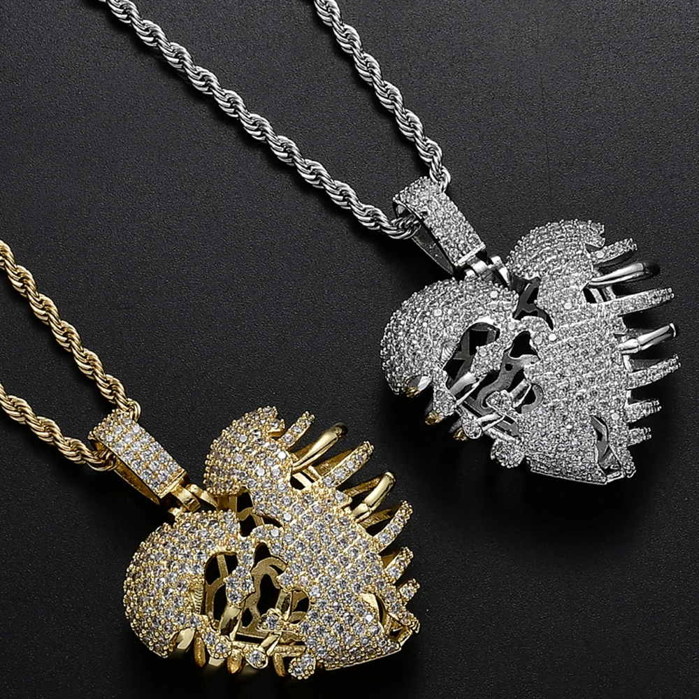 

Iced Brass CZ steric Skeleton Heart Broken Pendants&Necklace Hip Hop Jewelry Party Gift CN145