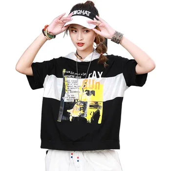 

Summer Color Patchwork Short Sleeves Streetwear Tees For Women Hoodies Casual All Match Tees And Pullovers Female Tops Newest