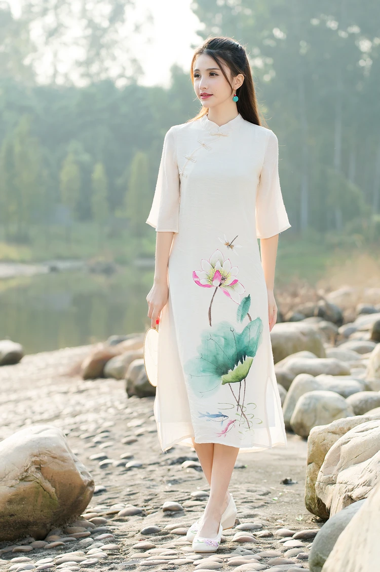 Дизайн женское Ретро этнический Национальный Стиль Китайский cheongsam с принтом лотоса свободное миди длинное платье с коротким рукавом