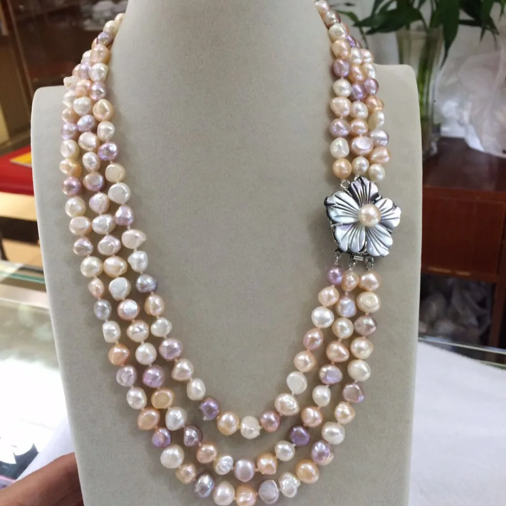

NEW 3row 8-9mm Baroque White Pink Purple multicolor Freshwater Pearl Necklace 20 inches shell flowers clasp