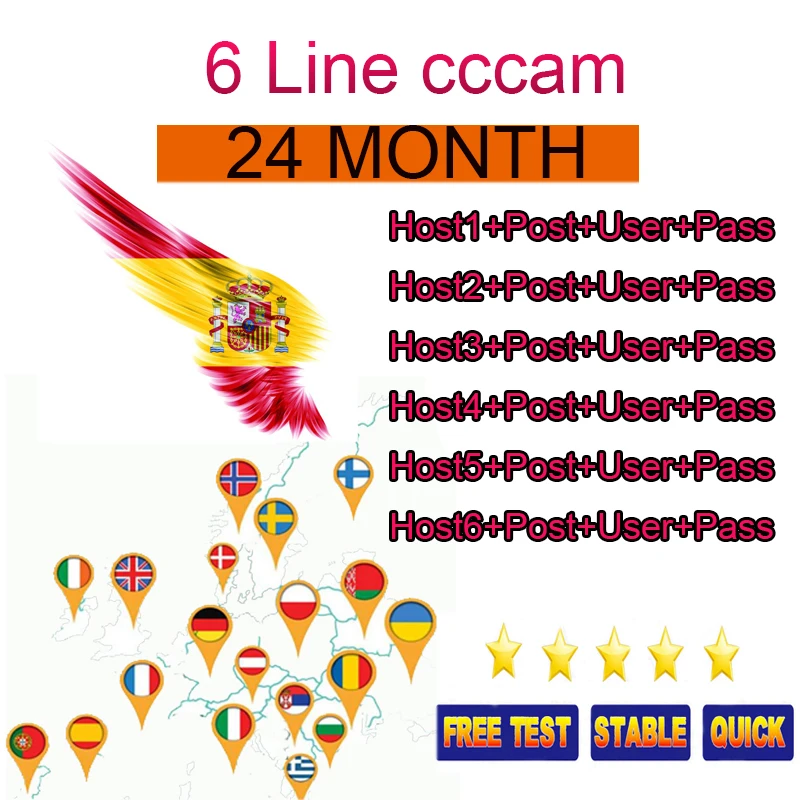 

Spain Best Stable 6 Line Cccam Cline for 2 Year spain Satellite TV Receiver freesat V8 Freesat V7 Clines Portugal europe CCcam