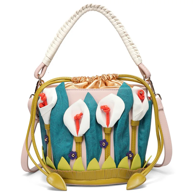 

2019 Italian Style Women Pu Leather Bucket Bag Lily Pure Manual Personality Vintage Single Shoulder Messenger Hit Color Handbag
