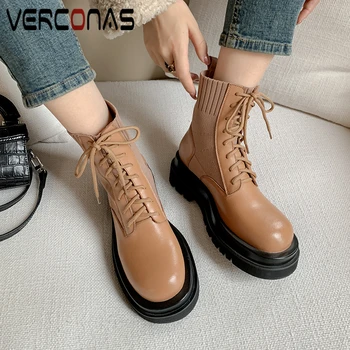 

VERCONAS Platforms Ankle Boots For Women Autumn Winter Casual Shoes Woman New Genuine Leather Knitting Lace-Up Outdoor Boots
