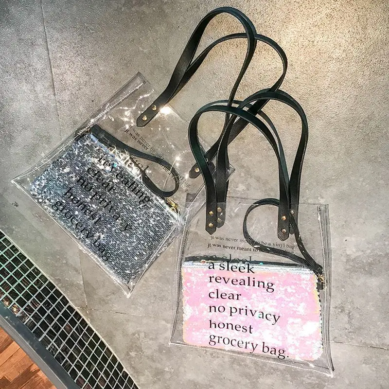 

New transparent bag fashion PVC women's bag Korean Chaozhou large sequins shoulder bag Messenger bag fashion bag fashion