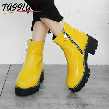 

TASSLYNN 2019 Platform Winter PU Ankle Boots for Women Square High Heels Women Shoes Round Toe Short Plush Boots Size 34-43