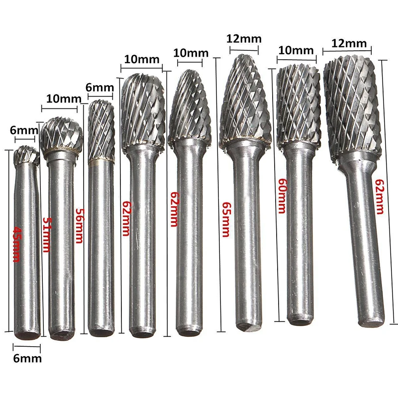 8pcs/set 1/4 Inch 6mm Tungsten Carbide Burr Bits Rotary Files CNC Engraving Tool Set For Power Tool