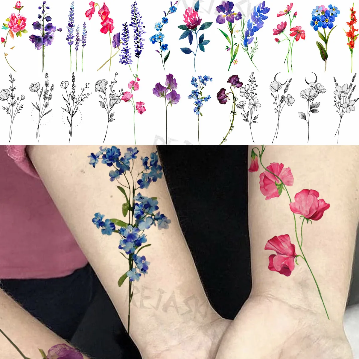 

3D Small Watercolor Lavender Daffodil Temporary Tattoos For Women Adult Lily Tulip Fake Tattoo Wrist Fashion Disposable Tatoos