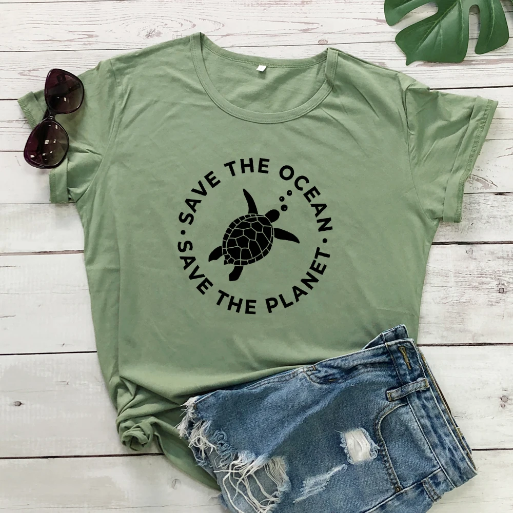 olive-black text Футболка с принтом в виде черепахи Save The океана Save The Planet стильная женская футболка с графическим принтом и эко-принтом летняя хлопковая Футболка с круглым вырезом и лозунг tumblr - Цвет: olive-black text