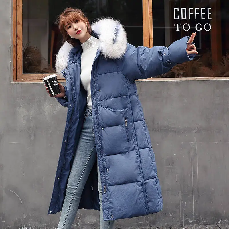 blue Женские зимние пальто большие новые свободные большие размеры большой меховой воротник длинное пальто Женская корейская мода с капюшоном Толстая длинная хлопковая куртка - Цвет: blue