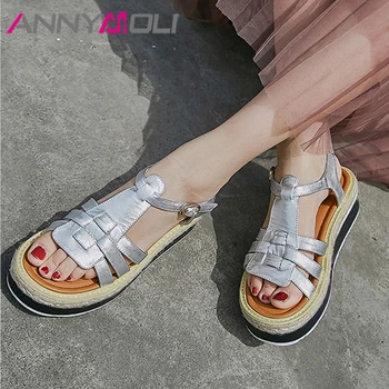

ANNYMOLI High Heels Women Sandals Natural Genuine Leather Shoes Cow Leather T-Strap Buckle Mid Heels Wedge Shoes Summer White