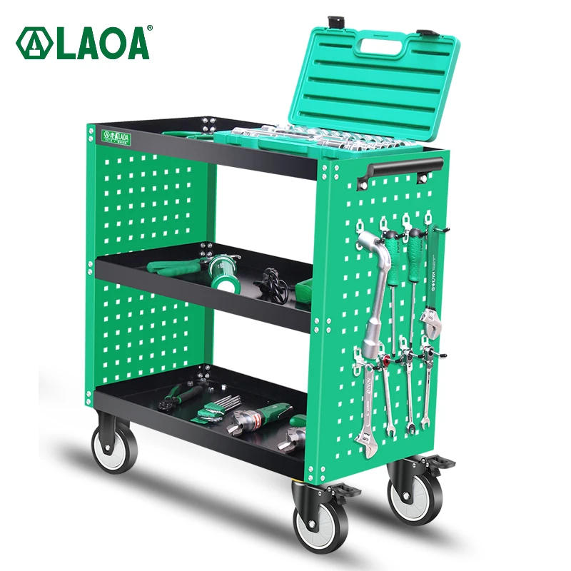 LAOA Three-layer Trolley Professional Tool Cart With Pegboard Thickened Hanging Board and Silent Wheel Cabinet Repair Trolley workbench cabinet
