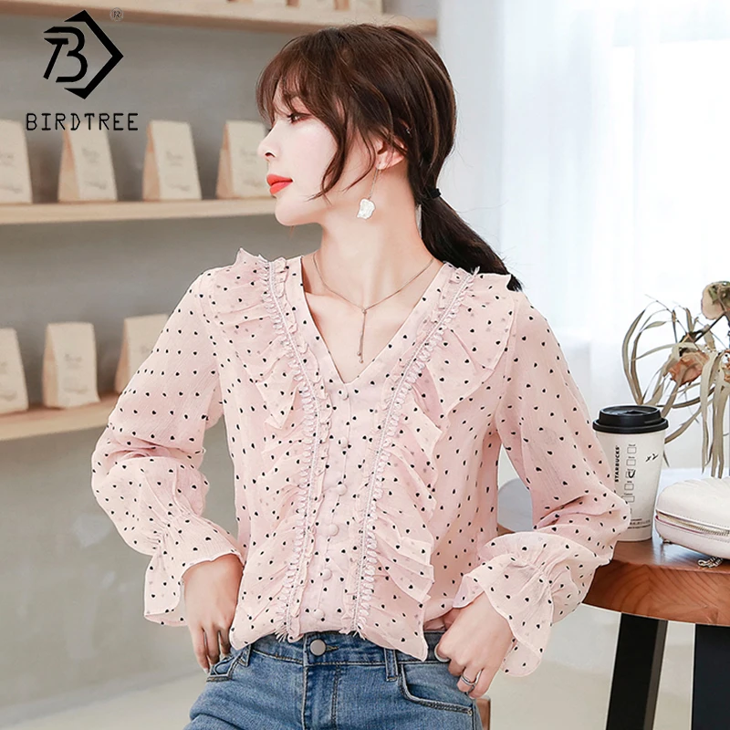 

2020 Spring Women's Korean Style Dot Print Shirt Long Sleeve Ruffles Office Lady V-Neck Single-Breasted Chiffon Blouse T9D626S