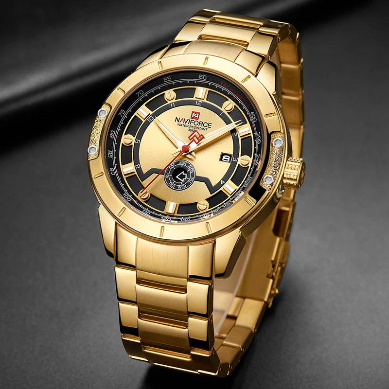 NAVIFORCE Лидирующий бренд мужские модные золотые мужские наручные часы водонепроницаемые полностью Стальные кварцевые часы водонепроницаемые мужские часы Relogio Masculino