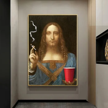 Salvator Mundi Smoking with Da Vinci Painting Printed on Canvas 1