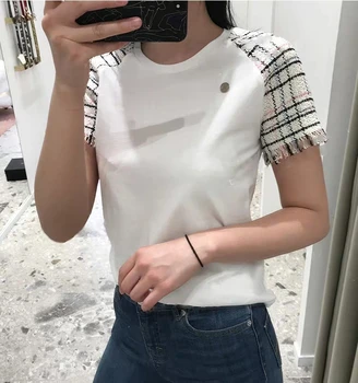 

Casual Check women t-shirt Tweed Tassel Short-Sleeve Patchwork T-Shirt top
