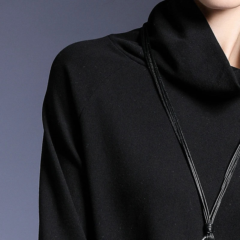 [EAM] New Autumn High Collar Long Sleeve Black Loose Hit Color Burr Stitch Large Size Sweatshirt Women Fashion JK427
