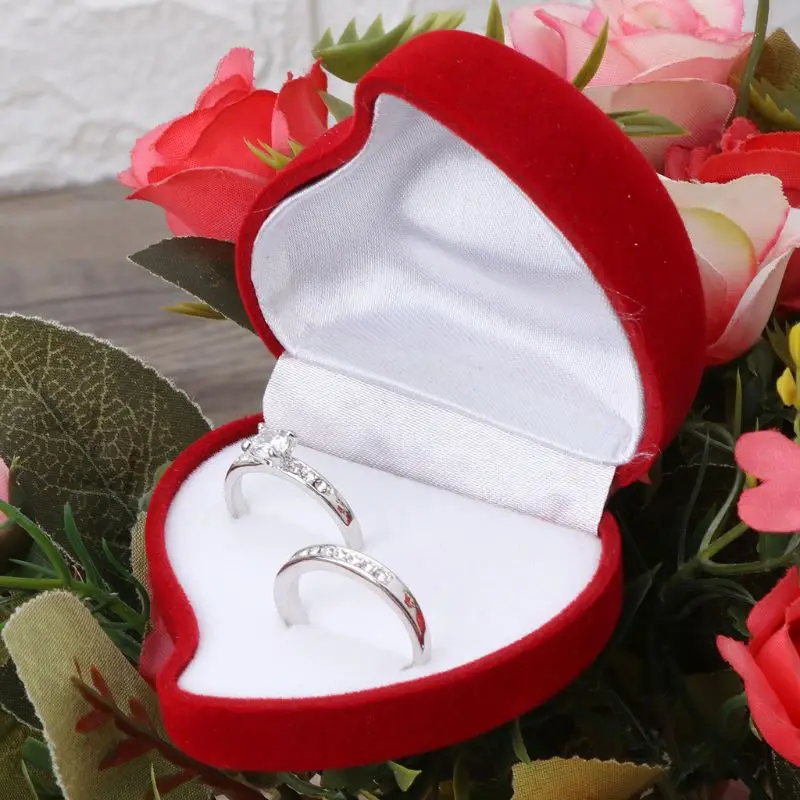 Caja de anillos de boda doble, caja de terciopelo con forma de corazón, rosa  roja, expositor de joyas - AliExpress Joyería y accesorios
