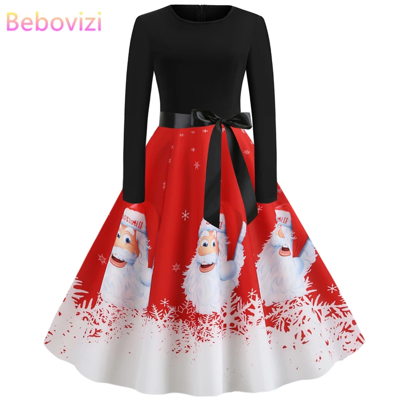 

Bebovizi Winter Dresses Women 2019 Christmas Party Vestidos Plus Size Red Santa Claus Print Vintage Elegant Long Sleeve Dress
