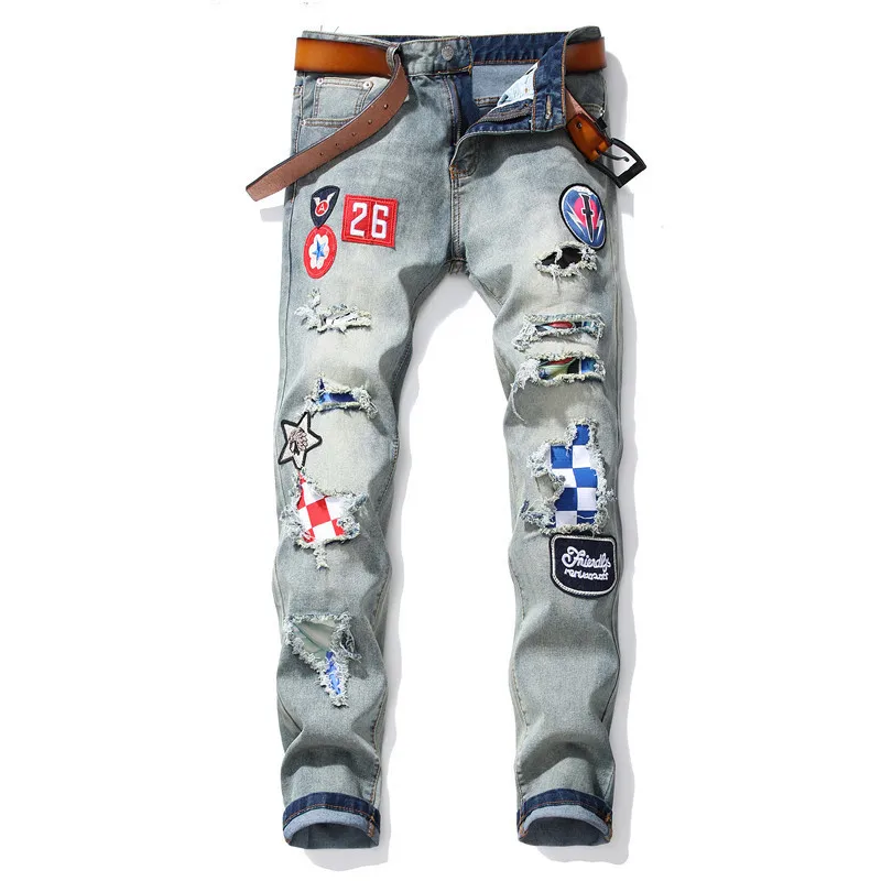 KIMSERE Для Мужчин's Марка NEW FASHION Hi Street рваные джинсы брюки в стиле пэчворк с