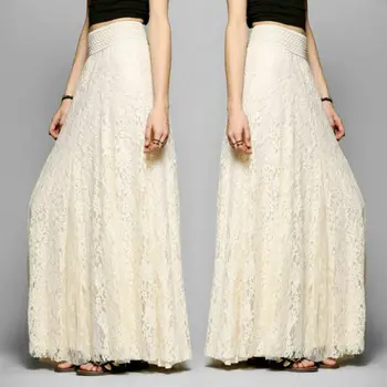 

2019 Women Lace Doulb Layer Maxi Skirt Fashion Ladies High Waist Tulle Chiffon Casual Solid Elastic Beach Maxi Long Skirts