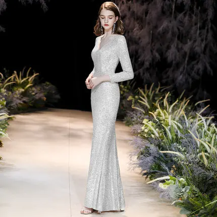 Серебристый Это Yiiya вечернее платье с длинным рукавом Robe De Soiree K021 элегантные вечерние платья с v-образным вырезом для женщин вечерние платья с золотыми блестками - Цвет: Серебристый