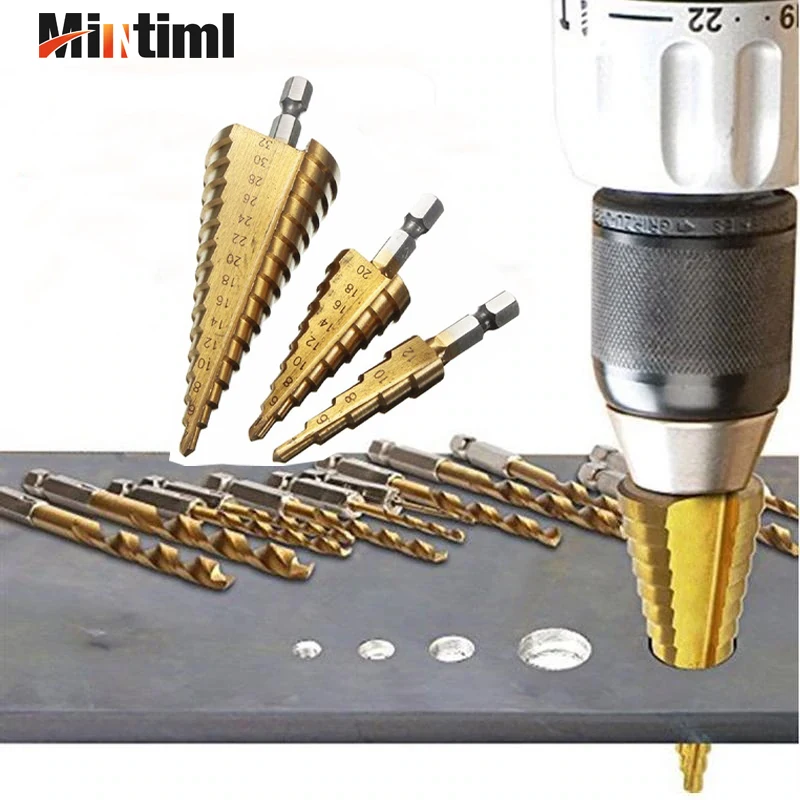 

3pcs/set HSS Step Drill Bit Set Titanium Coated Wood Metal Drills Hole Cutter Power Woodworking Tools 3-12mm 4-12mm 4-20mm
