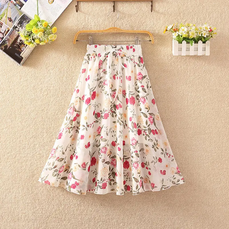 Boho Skirt Elastic Print Chiffon Elegant High-Waist Women Summer Beach Saia Female Pleated