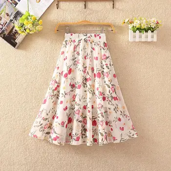 

New Summer Vintage Skirts Women Casual Chiffon Print Beach Boho Skirt Female Elegant Saia Elastic High Waist Pleated Skirt Women