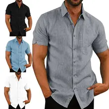 Chemisier en lin pour hommes, manches courtes, boutons Baggy, été, solide, confortable, pur coton et lin, chemises de vacances décontractées, amples, Tee Tops