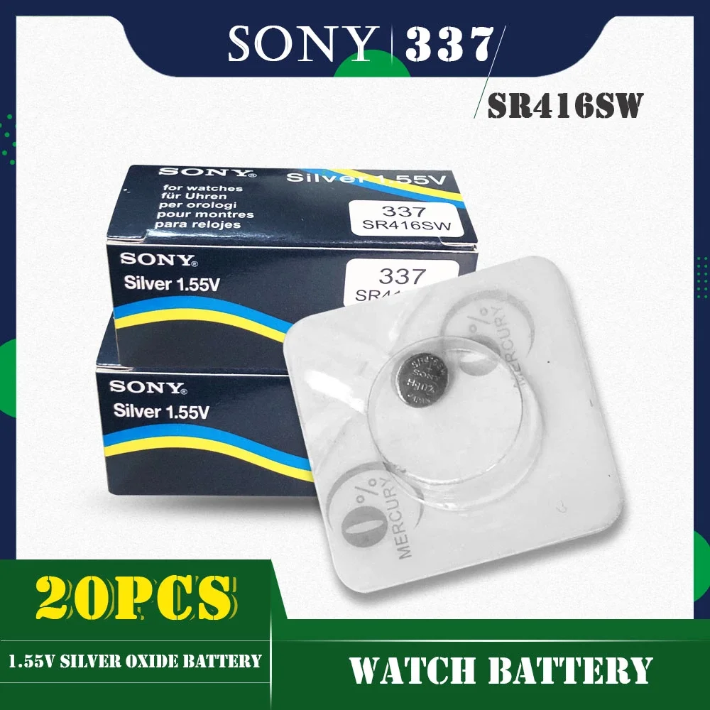 Pilas de botón de óxido de plata para reloj SONY, paquete de un solo grano, 337 SR416SW 1,55 V, LR416 337A AG6, 20 unids/lote