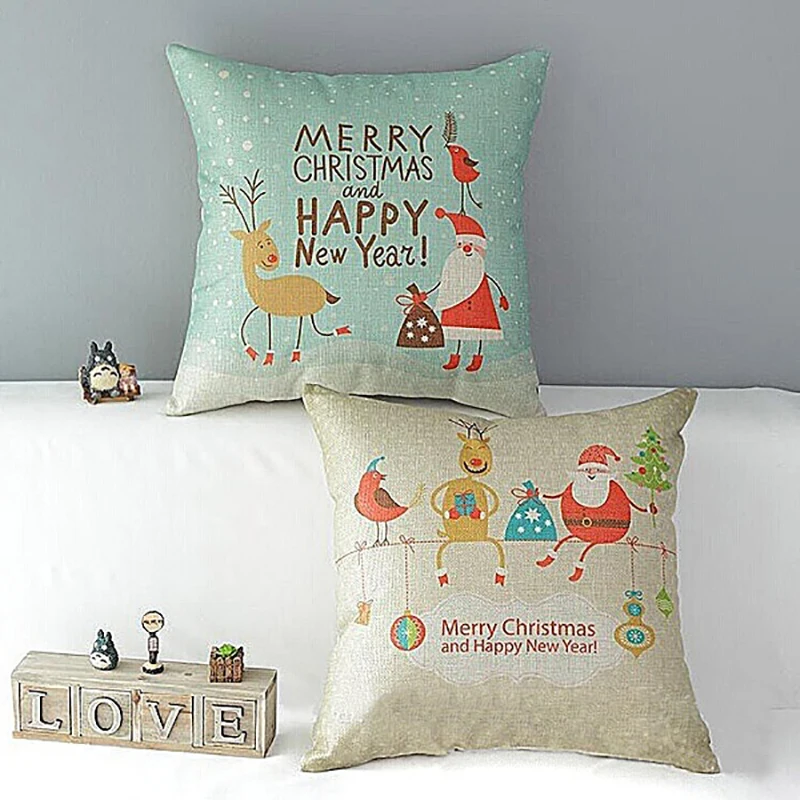 

Merry Christmas Santa Deer Print Linen Pillow Case Sofa Cushion Cover Home Decor (Not include pillow inner)
