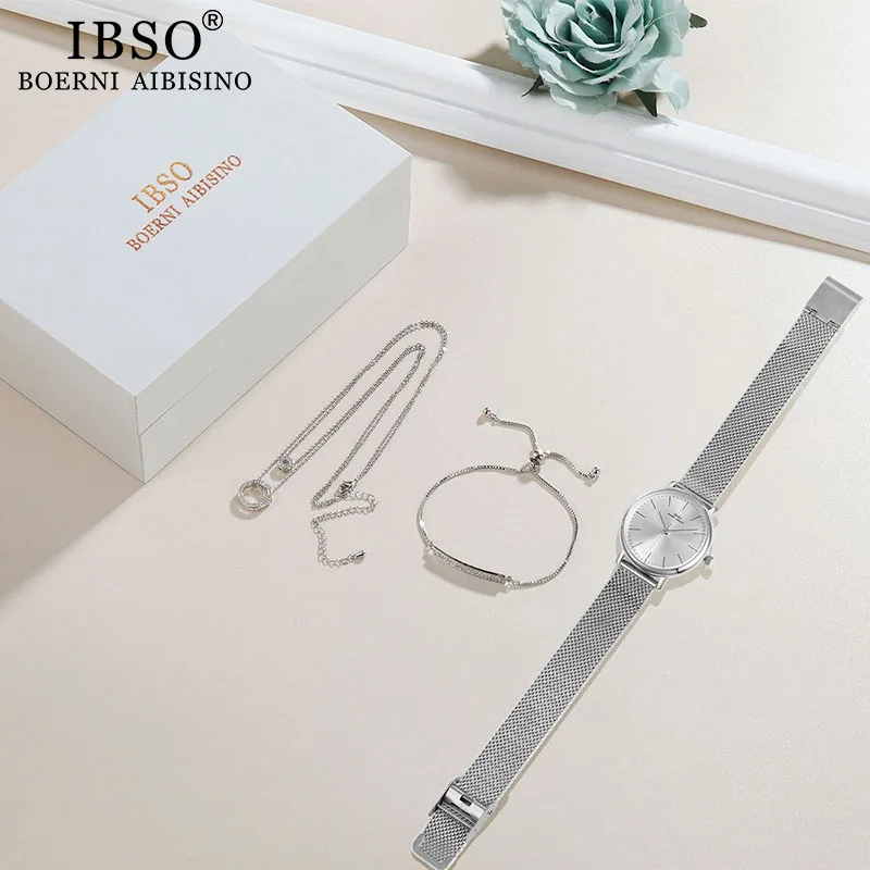 IBSO Women Quartz Watch Set Crystal Design Bracelet Necklace Watch Sets Female Jewelry Fashion Silver Luxury Watch Lady's Gift 2