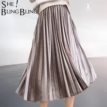 SheBlingBling плиссированная летняя юбка Осенняя мода Высокая талия сплошной цвет до середины икры юбка универсальная Свинг эластичная талия миди юбка
