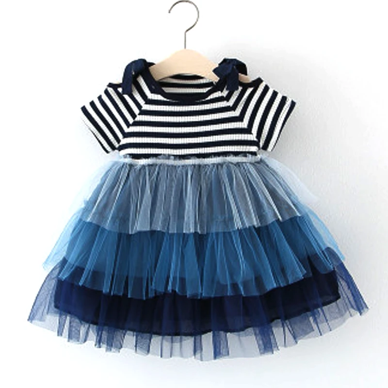 

Girls Dress Summer New 2019 "European and American Style Knee-Length Solid Color Striped Mosaic Cake Baby Girl Christmas Dress