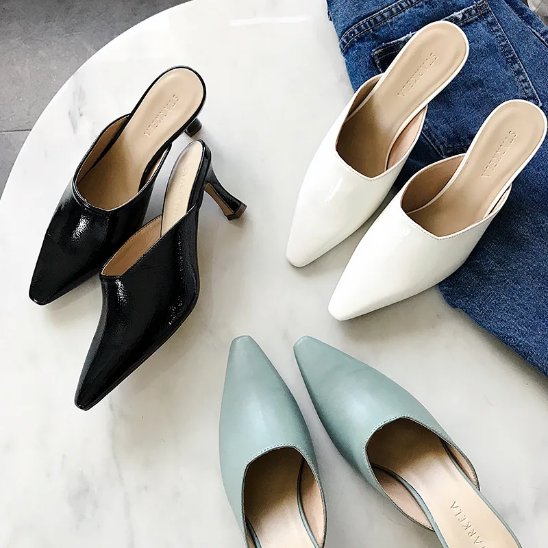 

Shoes Woman 2019 Loafers Thin Heels Mules Women Pointed Toe Shallow Slipper New High Slides PU Rubber Shoes Woman 2019 Thin