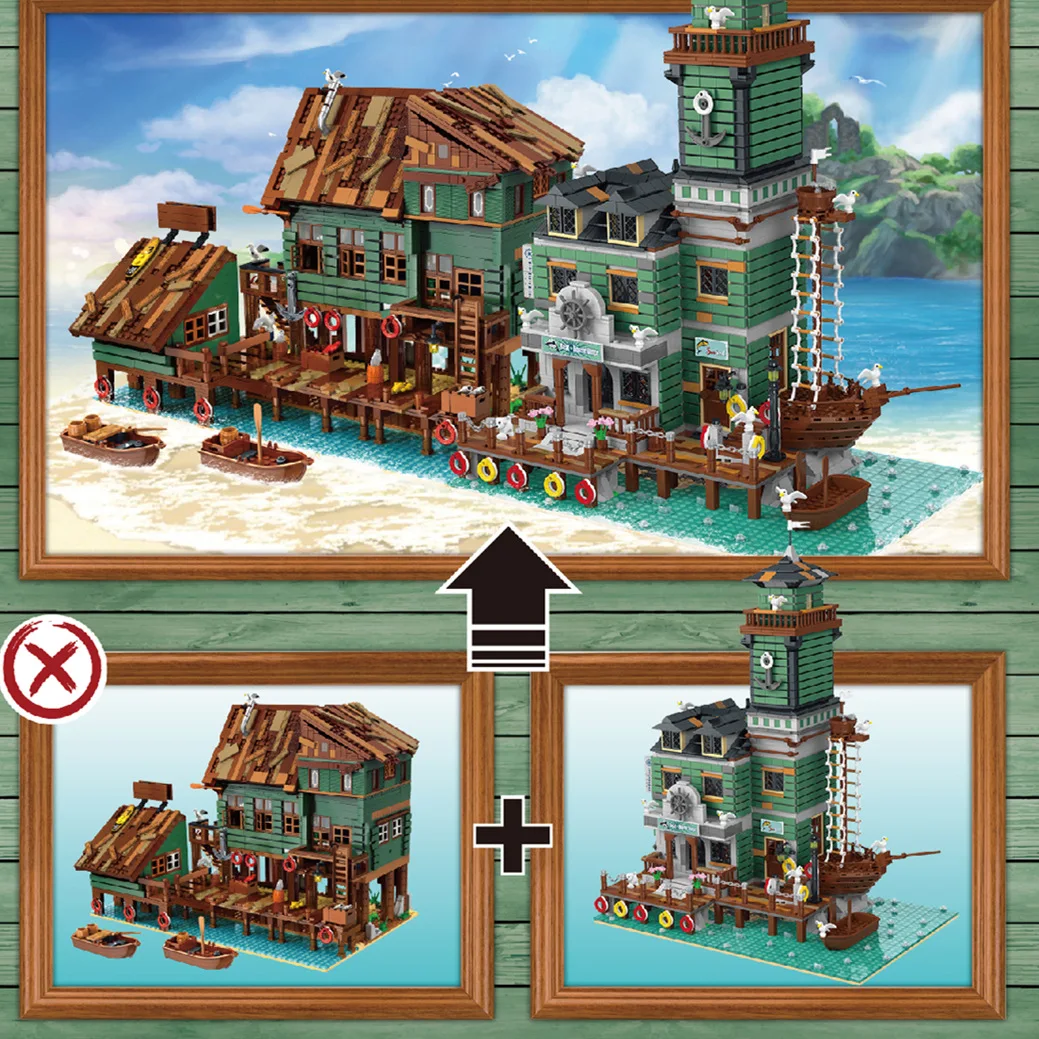 

Creator Street View MOC Boat House Dinner The Old Fishing Store Set Modular Building Blocks Bricks Model Educational Toys