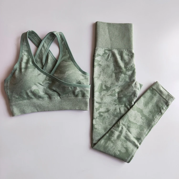 green set Женский бесшовный комплект для йоги, одежда для спортзала, спортивная одежда, камуфляжные леггинсы+ спортивный бюстгальтер, 2 предмета, спортивная одежда для бега, Женский комплект для тренировок - Цвет: green set