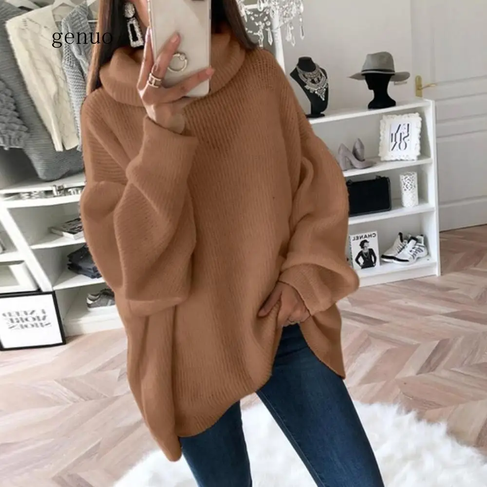 2020 Women Turtleneck Sweater Warm Long Sleeve  Warm Scarf Collar Pullover Casual Loose Autumn Winter Solid Knitted Sweaters