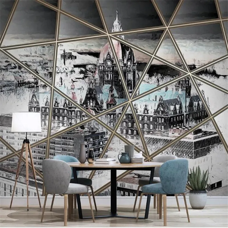Large 3D wallpaper mural custom hand-painted Nordic city architecture geometric line TV sofa background wallpaper mural