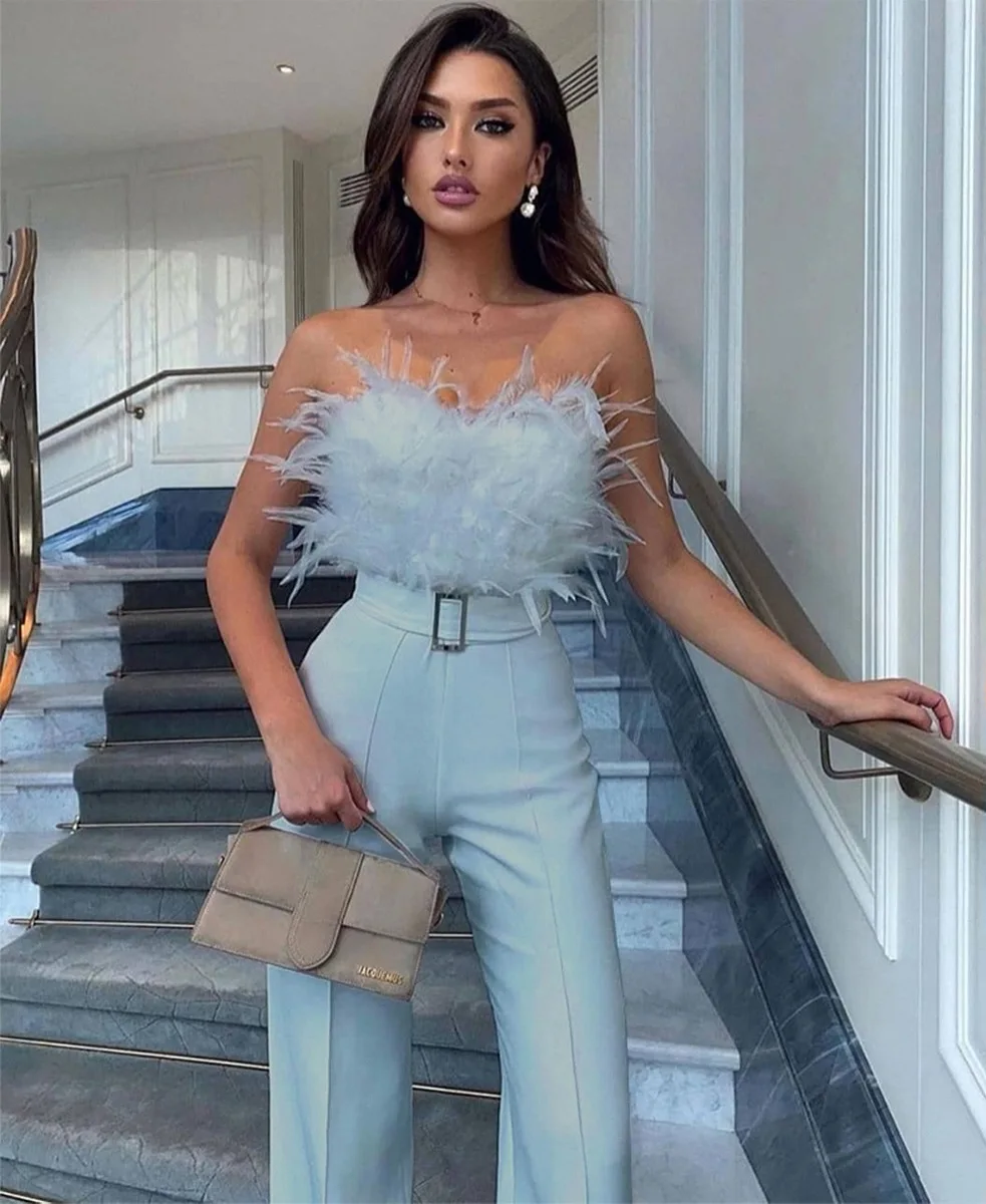 Jumpsuit Women Elegant Long Jumpsuit Strapless Slash Neck Feather Tube Top Sexy Fashion Party Night Evening Jumpsuit 2021 Summer