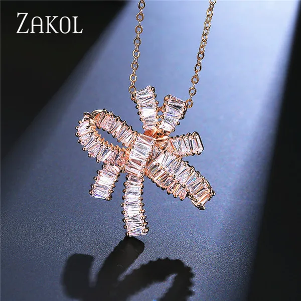 Изысканное ожерелье с кулоном в виде банта из Кубического циркония ZAKOL для элегантных женщин, роскошные свадебные украшения FSNP025 - Окраска металла: Gold Color