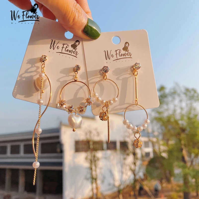 We Flower Baroque Asymmetrical Long Pearl Beads Earrings for Women Girls Fashion Crystal Statement Gold Ear Jewelry | Украшения и